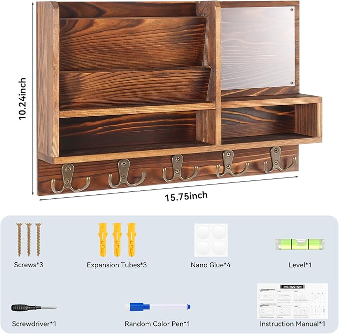 Key Holder Wall Mount, Mail Organizer Wall Mounted, Solid Wood Key Holder for Wall Living Room Entryway Home Decor, with 10 K