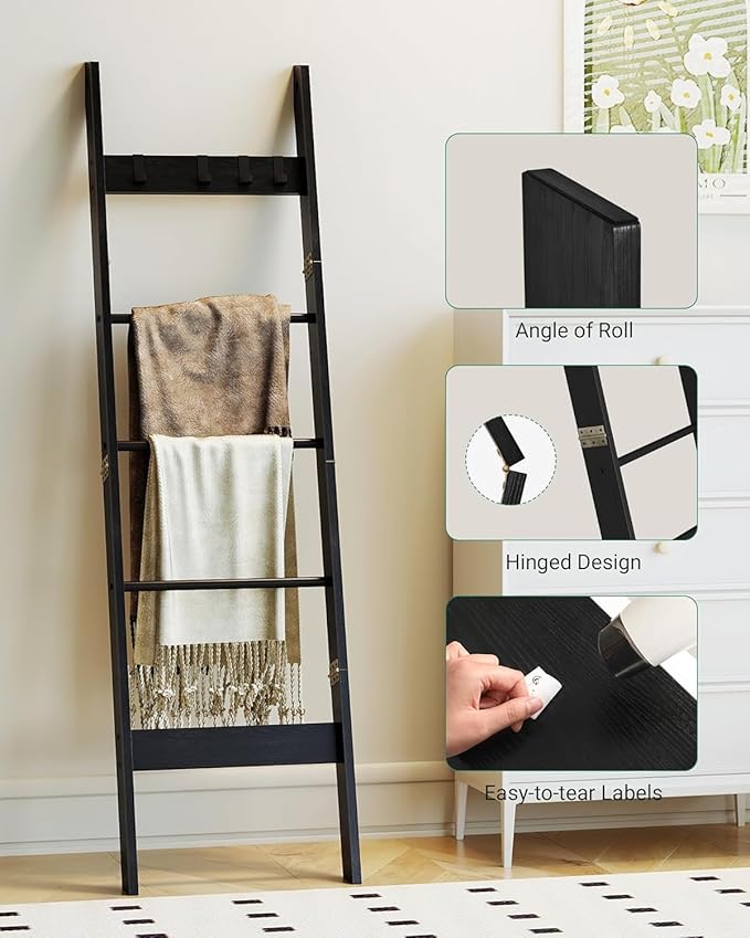 Hzuaneri Blanket Ladder for Living Room, Decorative Quilt Rack with 4 Removable Hooks, 5-Tier Farmhouse Ladder Holder Shelf O