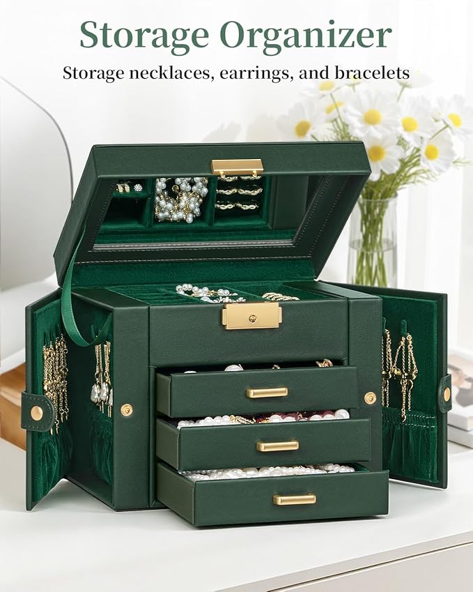 TORIBIO Jewelry Box for Women, Leather Jewelry Organizer with Mirror & Lock, 4-Tier Jewelry Storage Organizer with 3 Drawers 