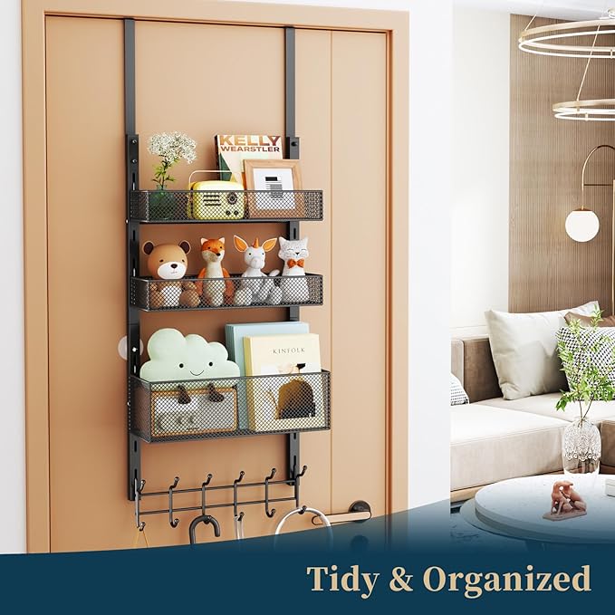 Consumest Over The Door Hooks Organizer - 4 Tier Door Coat Rack with 3 Baskets and 12 Hooks, Stainless Steel Towel Hanger for