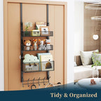 Consumest Over The Door Hooks Organizer - 4 Tier Door Coat Rack with 3 Baskets and 12 Hooks, Stainless Steel Towel Hanger for