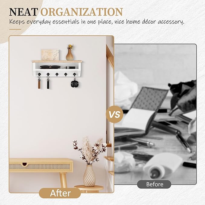 Nekon Key Holder Wall Mount, Wall Organizer Shelf with 5 Key Hooks, Room Decor for Home and Apartment Essentials, Light Brown