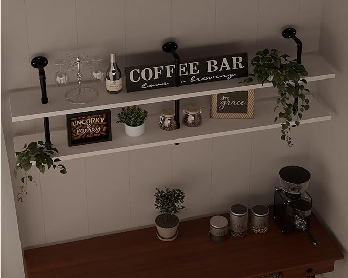 Industrial Pipe Shelving Rustic White Pipe Wall Shelves Industrial Shelves with Wood Planks Floating Shelves 60 Inch Farmhous