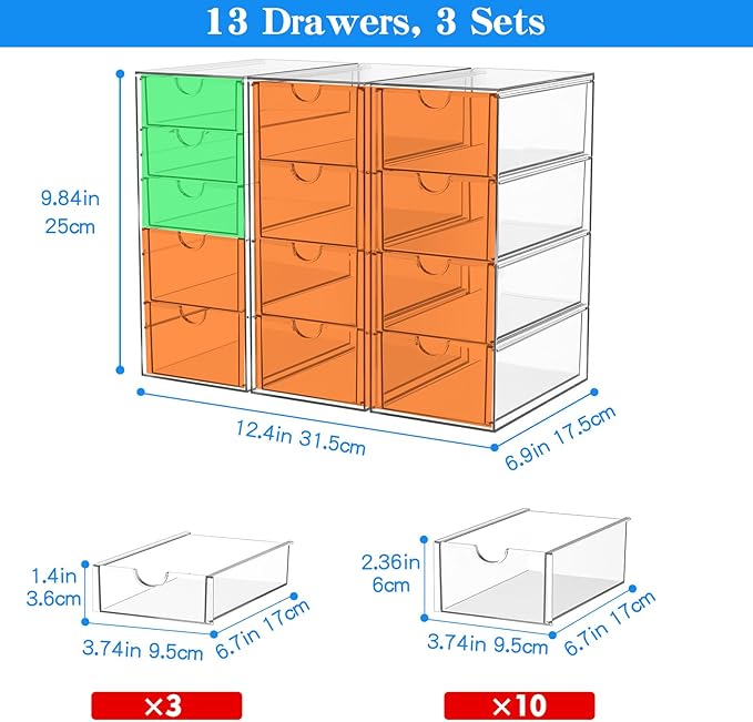 Acrylic Makeup Organizer with 13 Drawers, Bathroom Counter Organizer, Acrylic Organizers, Desk Organizer, Office Supplies, St