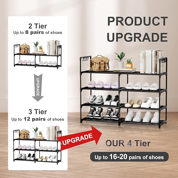 2 Rows 4 Tier Shoe Rack, Black Metal Stackable Shoe Shelf with Multifunctional Hooks, Hold 16-20 Pairs, Space Saving Shoe Org