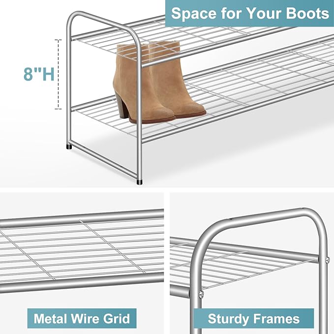 AOODA 2 Tier Long Metal Shoe Rack for Closet Wide Stackable Shoe Storage Organizer 18-Pairs Low Small Sneaker Rack for Entryw