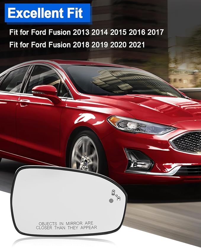 Right Passenger Side Mirror Glass Fit for Ford Fusion 2013-2021, View Convex Mirror Heated with Blind Spot Detection BLIS Replace DS7Z17K707C DS7Z-17K707-C