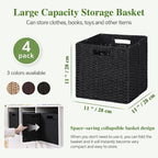 Woven Wicker Storage Baskets 4-Pack, 11x11 Handwoven Paper Rope Organizer Bins, Foldable Cube Storage Cubes with Built-in Han
