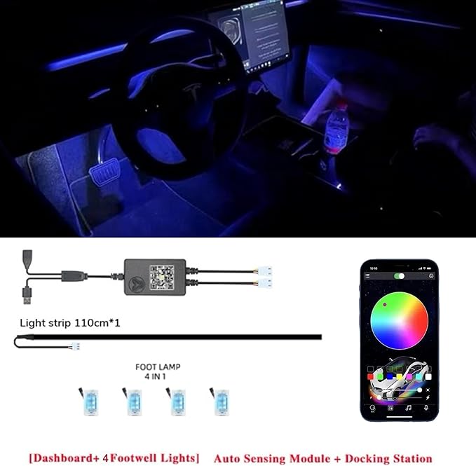 LED Car Ambient Lighting Strip for Tesla High Brightness with APP Control Multiple Colors and Car LED Strip Lighting Neon Lights for Model 3/Y (Dashboard& 4 Floor Lights)