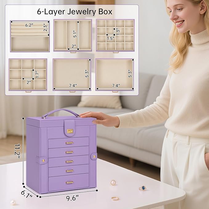 AKOZLIN 6-Tier Jewelry Box Organizer Functional 5 Drawers Leather Jewelry Storage Case for Women Girls Ring Necklace Earring 