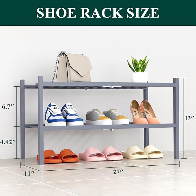 Smiry Shoe Rack, 2 Tier Thick Bamboo Shoe Organizer, Stackable Free Standing Wooden Shoe Storage Shelf for Closet, Entryway, 
