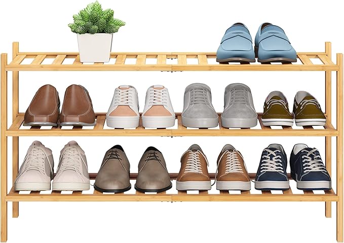 BMOSU 3-Tier Bamboo Extended Shoe Rack Premium Stackable Shoe Shelf Storage Organizer for Hallway Closet Living Room Entryway