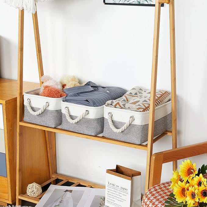 Bidtakay Small Baskets Fabric Storage Baskets for Organizing 3-Pack 12x8x5 Inch Collapsible Storage Bins for Shelves Canvas B