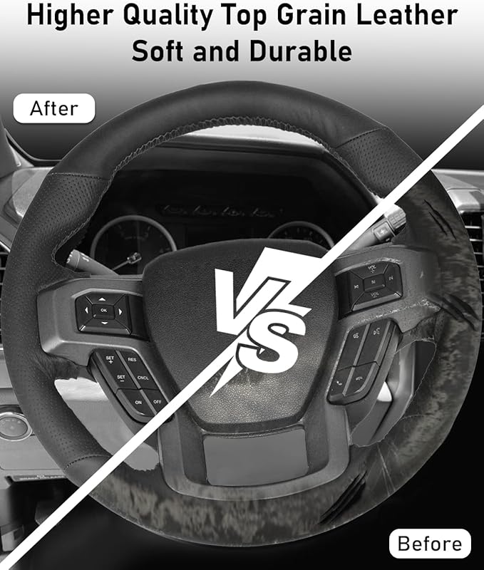 Belinous Leather Steering Wheel Cover Lace Up, Hand-Stitch on Wrap, Steering Wrap Compatible with Ford 2016 2017 2018 2019 F150 Raptor (W/O Mark)