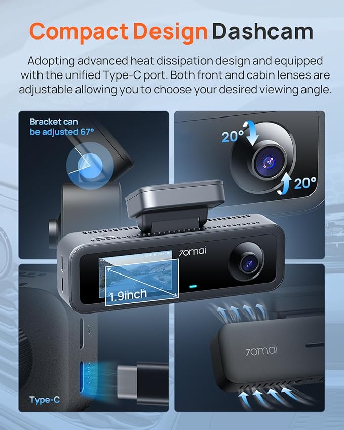 70mai 4K Dash Cam Front and Interior, 4K HDR Dash Camera with F1.55 Aperture, Wi-Fi 6, 24H Parking Surveillance, GPS, Loop Re