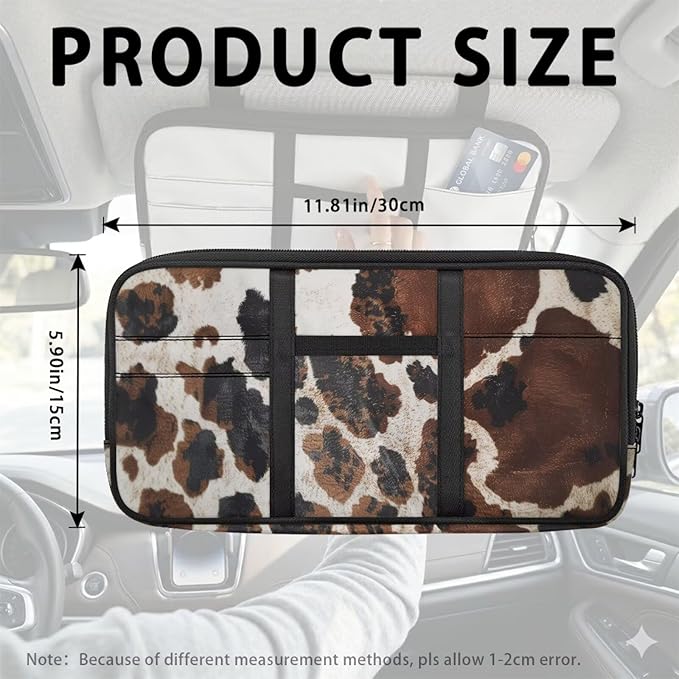 Cow PrintCar Sun Visor Bag Vehicle Visor Storage Pouch Auto CD Holder with Multi-Pocket Fits Most Cars,Suvs,Jeeps,Trucks