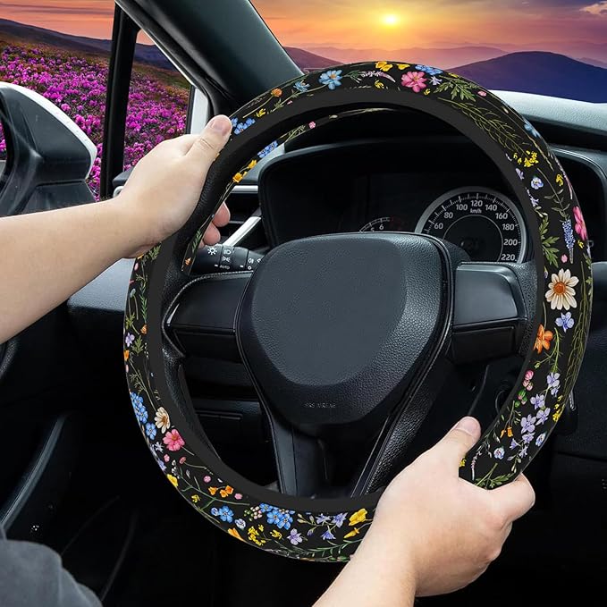 Wildflower Steering Wheel Cover, Flower Car Accessory for Diverse Cars, Steering Wheel Cover Non-Slip Breathable Fabric Absor
