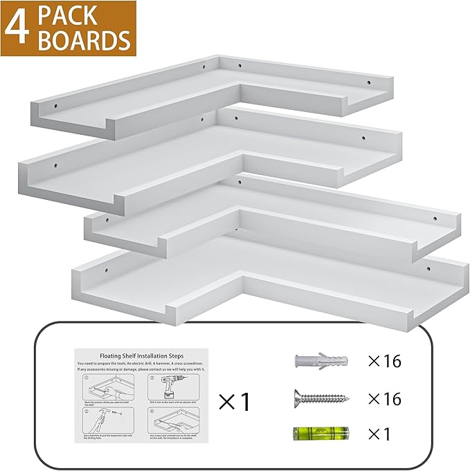 4-Tier White Corner Floating Shelves Wall Mounted - Floating Shelves with Lip, Solid Pine Wooden Corner Wall Shelf for Wall D