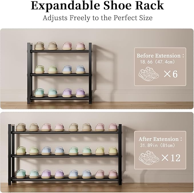 EKETE Expandable Shoe Rack,Adjustable and Stackable 3-Tier Shoe Rack Organizer, Shoe Rack for Closet,Space Saving,Metal Free 