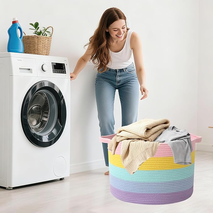 90L Large Blanket Basket,21.7"L x 21.7"W x 13.8"H Rope Woven Baskets with Handles, Toys Storage Bins,Laundry Basket Perfect f