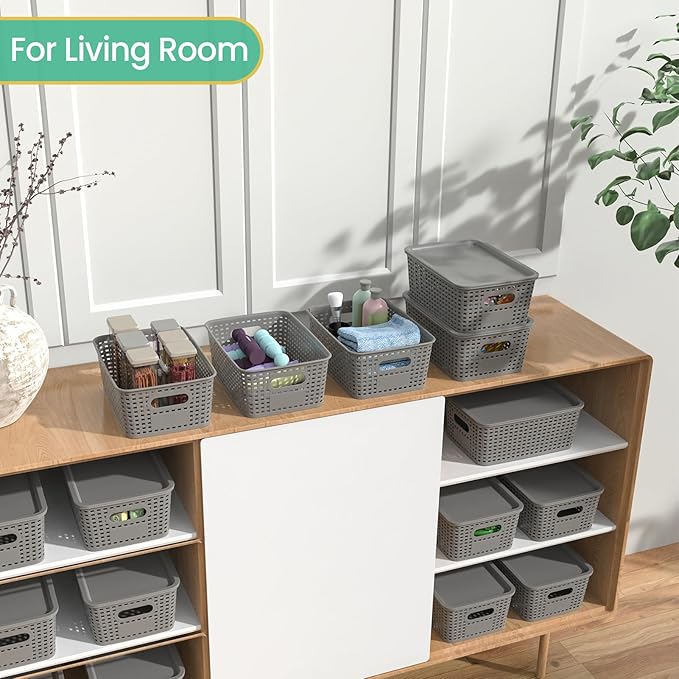 Plastic Storage Baskets with Lid-Plastic Storage Containers Stackable Storage bins: Storage Baskets for Organizing Shelves Dr