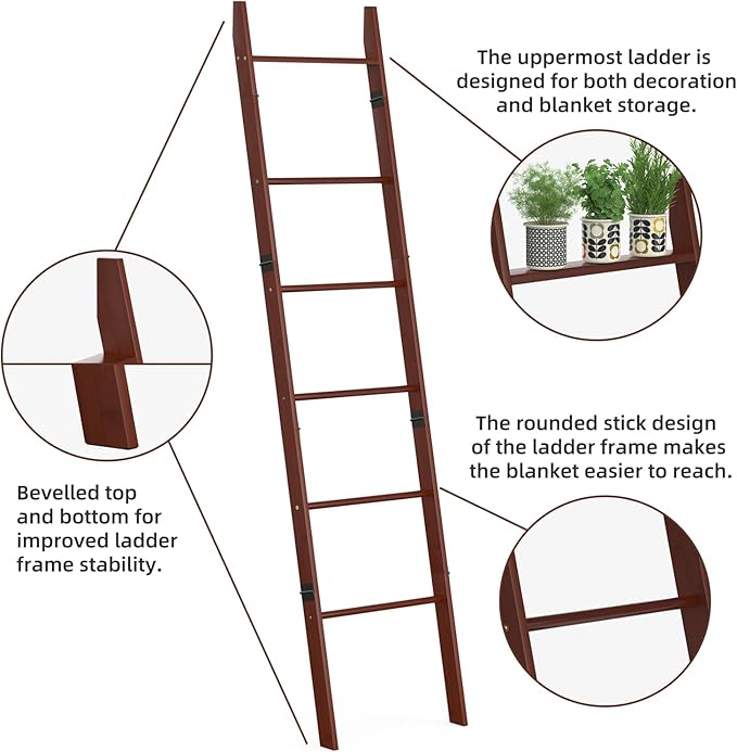 BAMBANG 6-Tier Blanket Ladder for Living Room, Blanket Quilt Ladder Rack Rustic Decorative Towel Holder, Wall Leaning Blanket