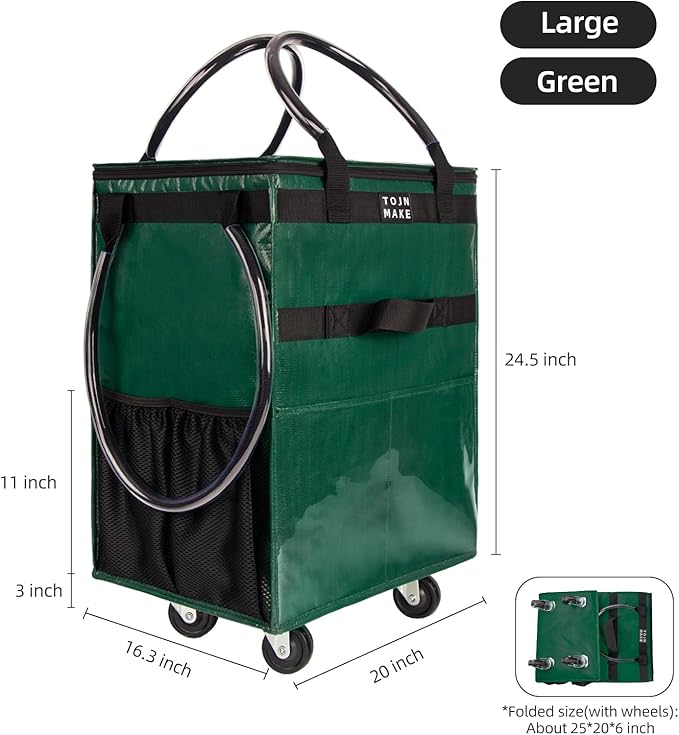 Reusable Grocery Bag On Wheels (Large, Green) Shopping Trolley with 8 Pockets and Zipper Cover Foldable Rolling Tote, Heavy Duty Handles, Carries Up to 66 LBS