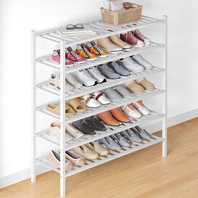 Smiry Bamboo Shoe Rack for Closet, 6 Tier Long Wooden Stackable Shoe Organizer, Free Standing Shoes Storage Shelf for Entrywa