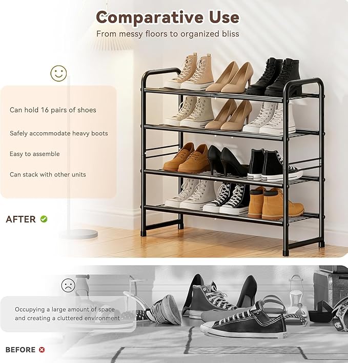 4 Tier Shoe Rack, 32.5" Wide Stackable Sturdy Metal Shoe Shelf Storage Organizer with Height-Adjustable for Entryway, Closet,