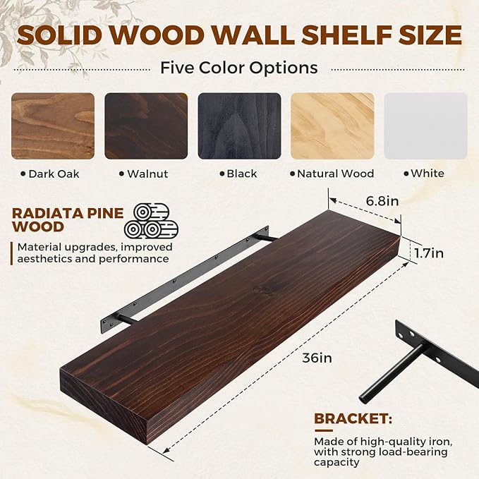 Floating Wall Shelf 36x6.8x1.7 Inch – Solid Wood Shelf in Walnut Finish – Heavy Duty Wall Mounted Rustic Display Shelf for Li