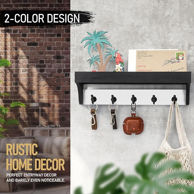 Rebee Vision Key Holder Wall Mount with Shelf - Decorative 2-Color Key Rack with 5 Rustic Key Hooks and Primitive Wood Mail O