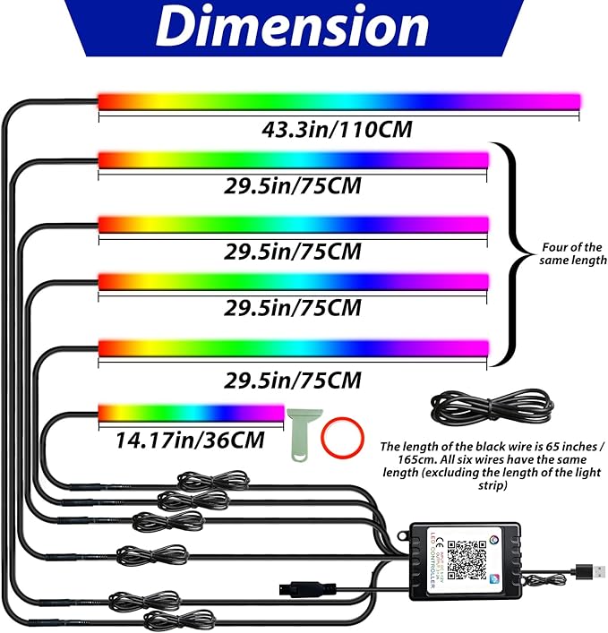 6 in 1 Car Led Strip Lights, Interior Car Lights, App and RF Remote Control Ambient Lighting Kit with RGB 16 Million Colors Fiber Optics&Music Sync Rhythm, USB Neon Light Accessories for Console&Door