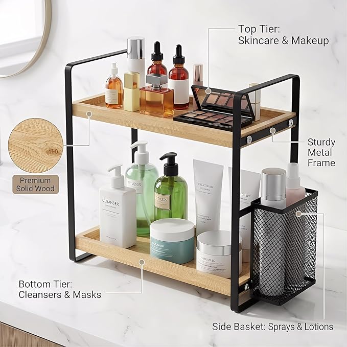 LEMIKKLE 2-Tier Wood Bathroom Counter Organizer with Basket,Waterproof Vanity Perfume Skincare Storage for Bathroom, Kitchen,