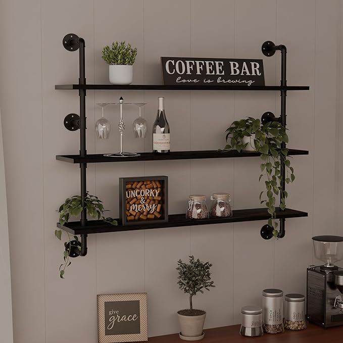 Industrial Pipe Shelving Rustic Black Wall Shelves with Wood Planks Industrial Floating Shelves 48 Inch 3 Tier Farmhouse Book