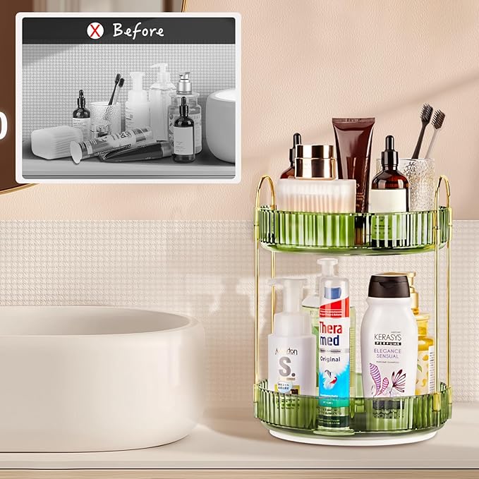 360 Rotating Makeup Organizer, 2 Tier Lazy Susan Bathroom Counter Organizer, Skincare Organizers, Spinning Perfume Organizer 