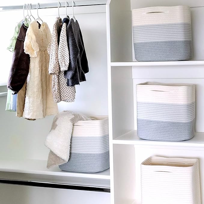 NaturalCozy Storage Cubes 11 Inch Cotton Rope Woven Baskets for Organizing, 3-Pack | Cube Storage Bin | Square Storage Basket