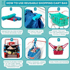Handy Sandy Cart Caddy – 3-Pack Reusable Shopping Bags with Cart Clips | Heavy-Duty Grocery Organizer Tote Set | Eco-Friendly, Foldable, 40 lb Capacity | Blue