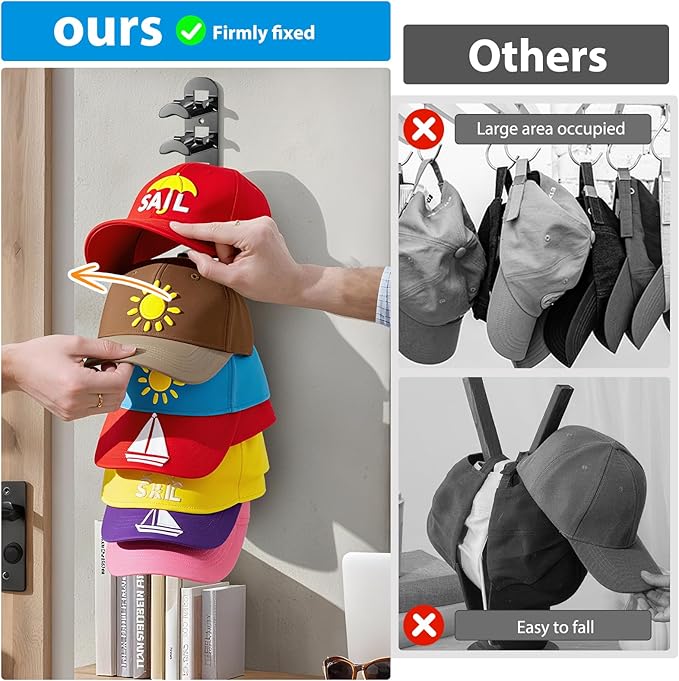 4 Pack Hat Organizer Hat Hook for Wall,Hold up to 40 Hats,Hat Holder with Strong Adhesive and Screws,Cap Holder Hat Hangers f