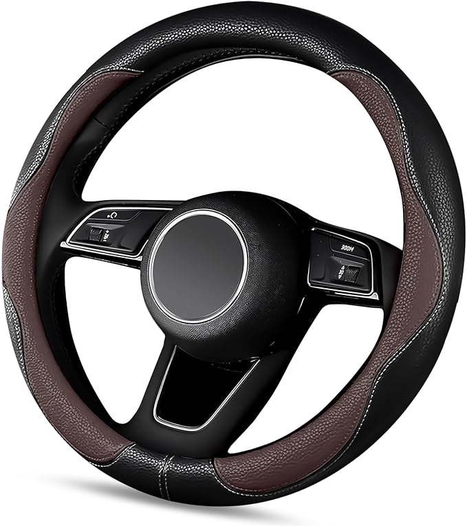 SuperKaKa Brown Car Steering Wheel Cover 2025, Universal Auto PU Cute Breathable Slip-Proof Comfort Imitation Leather Protect