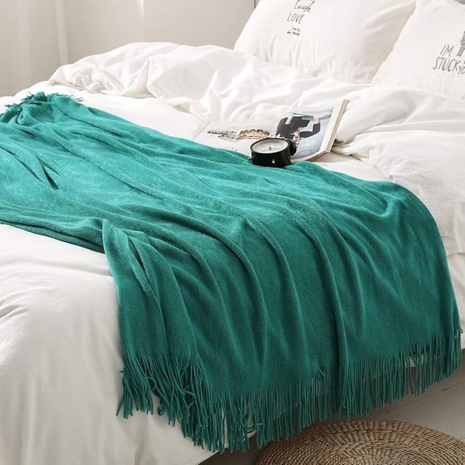 Homiest Decorative Knitted Throw Blanket with Fringe Soft & Cozy Tassel Blanket for Couch Sofa Bed (Teal,50x60)