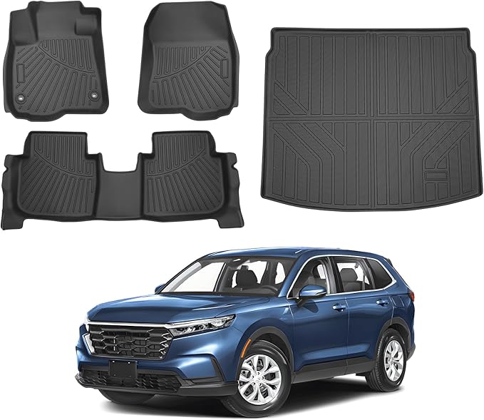 Powerty Floor Mat & Cargo Liner for Honda CRV 2023-2025 2026 (Include Hybrid), All Weather TPE Custom 1st & 2nd Row Floor Liner and Trunk (Upper Positon) Full Set Car Liners, Black