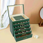 BOOVO Jewelry Box for Women, Green 6 Layer Large Jewelry Organizer with Glass Lid for Necklace, Bracelet, Earrings Storage, J