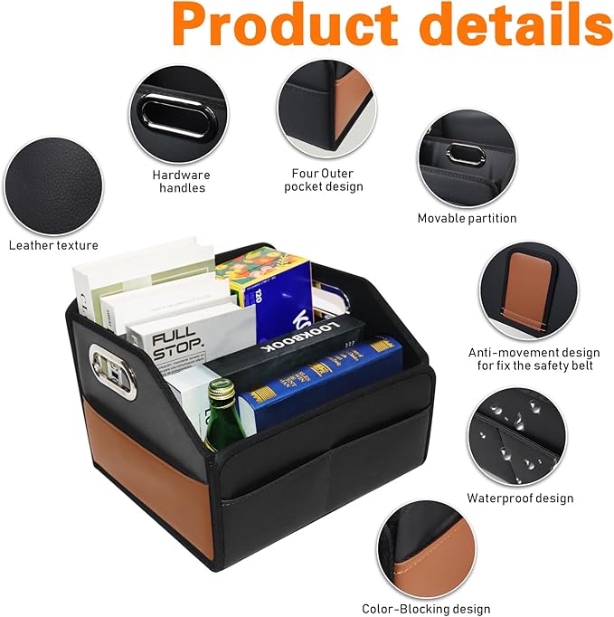 Noaman Car Organizer - 2025 Upgraded Leather Car Storage Organizer for Front Back Seat or Floor with 3 Metal Handles 6