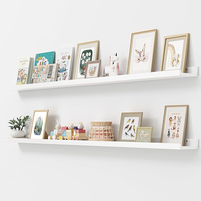 Picture Ledge Shelf, Floating Shelves Set of 2, Solid Ash Wood 72'' Long Large Nursery Book Shelves for Toys Storage, Kids Bo