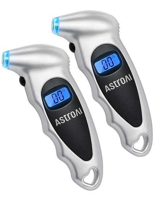 AstroAI Digital Tire Pressure Gauge 0-150PSI Calibrated to ANSI B40.7 +/-1PSI, 4 Units for Car Truck Bicycle with Backlight LCD and Presta Valve Adaptor, Sliver, 2Pack