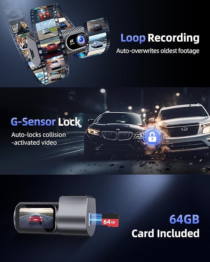 Dash Cam Front 4K - 1.5" IPS Display & 5G WiFi & 64G Card, 360° Rotation Mini Dashcam, Car Camera with WDR Night Vision, 24H 