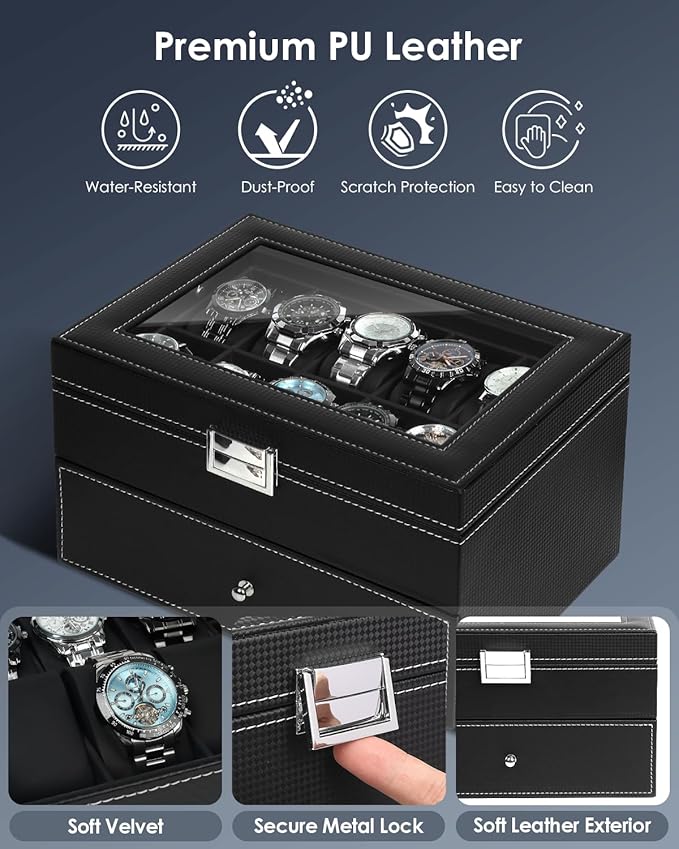 Watch Case for Men, 20-Slot 2-Layer Watch Box with Large Glass Lid, Watch Storage Organizer with Removable Watch Pillows, Men