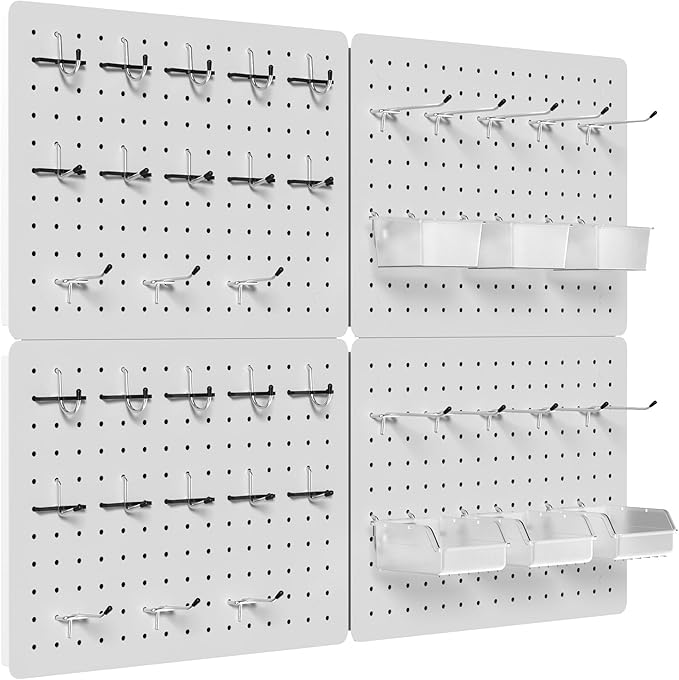 Peg Board for Tools, 4 Pack Metal Pegboard Wall Organizer with Hooks,16"×12" White Pegboard Panels for Walls Home, Garage Too