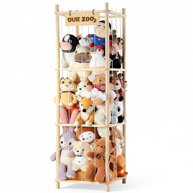 LAMU Stuffed Animal Storage, Wooden Zoo Stuffed Animal Holder with Elastic Cords, Space Save Toy Organizer, Extra Large Capac