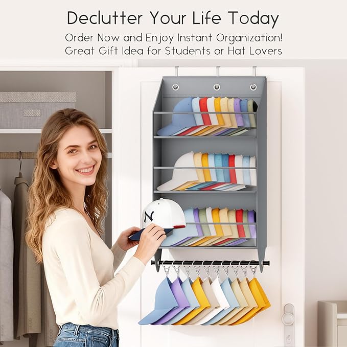Homsorout Over the Door Hat Rack - 3-Layer Design Hat Organizer Holds 30-36 Hats with 10 Hooks, Ideal Hat Rack for Door, Over